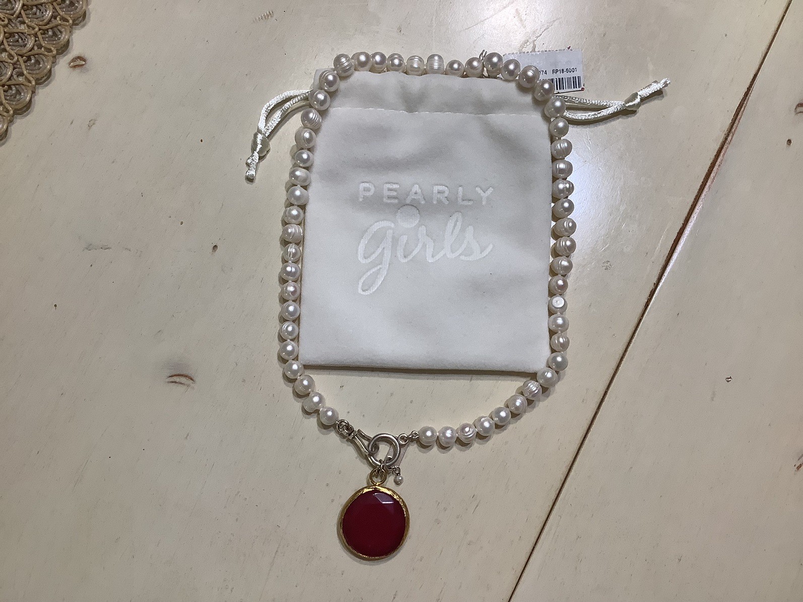 Pearly Girls PearlNecklace W/Red Pendant, Sterling Clasp, 18”, NWT