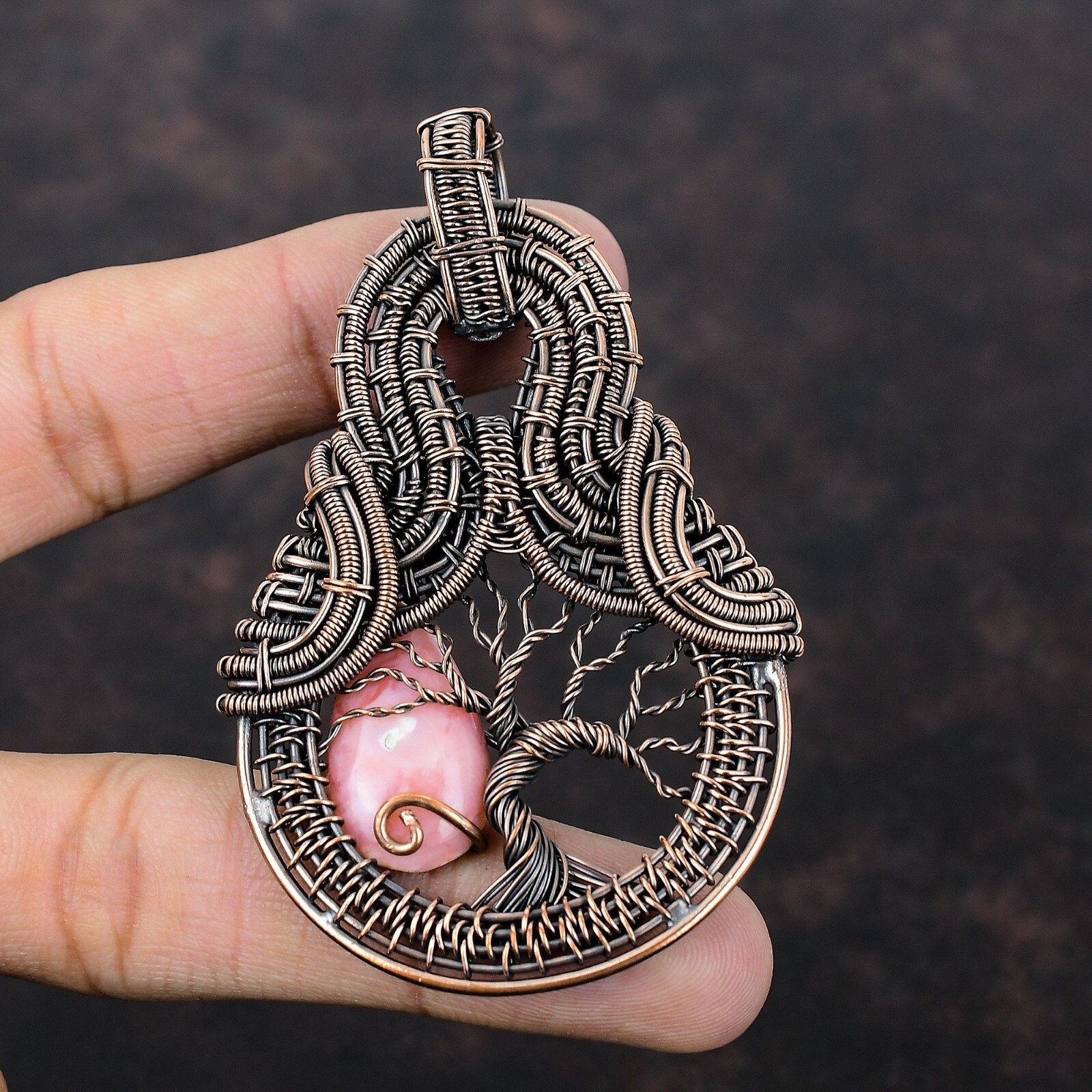 Pink Opal Jewelry Copper Friend Gift Wire Wrapped tree Of Life Pendant 3.15″