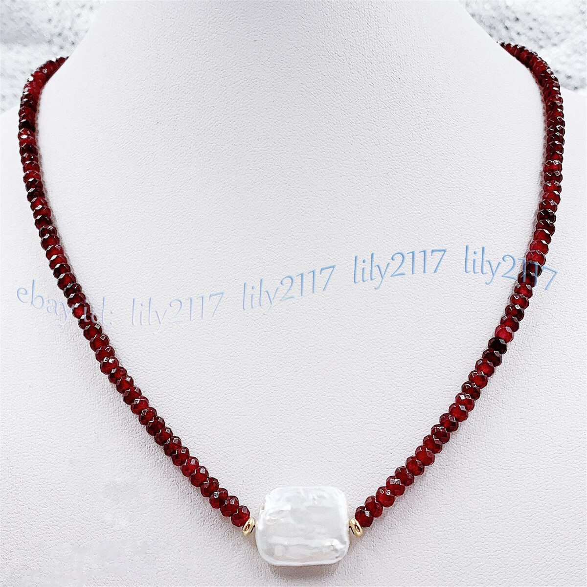 Faceted 2x4mm Red Garnet Natural 15x20mm White Baroque Pearl Pendant Necklace