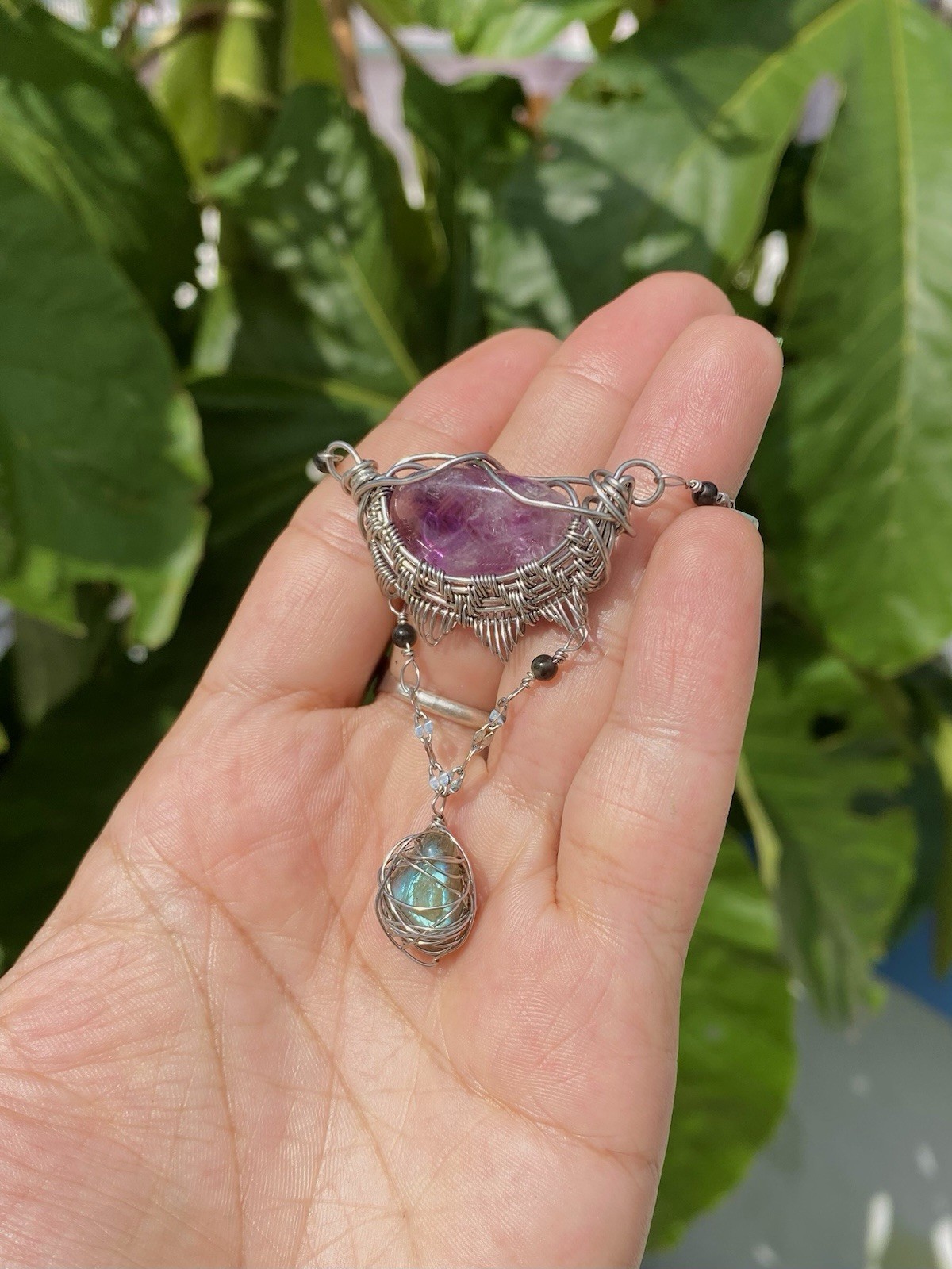 Handmade Amethyst & Labradorite Necklace Wire Wrapped Gemstones On Steel Chain