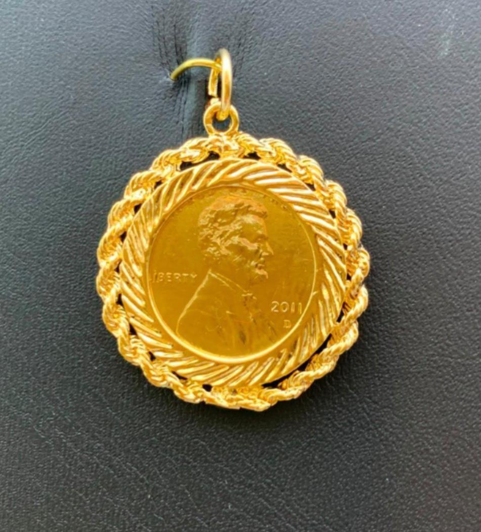 14 KT GOLD PLATED GENUINE US PENNY COIN W/ 18″ 14KT GOLD PLATED ROPE CHAIN