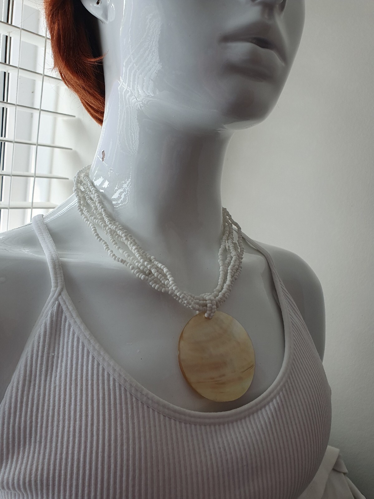 Artisan Mother of Pearl MOP Shell Seed Bead None Metal necklace