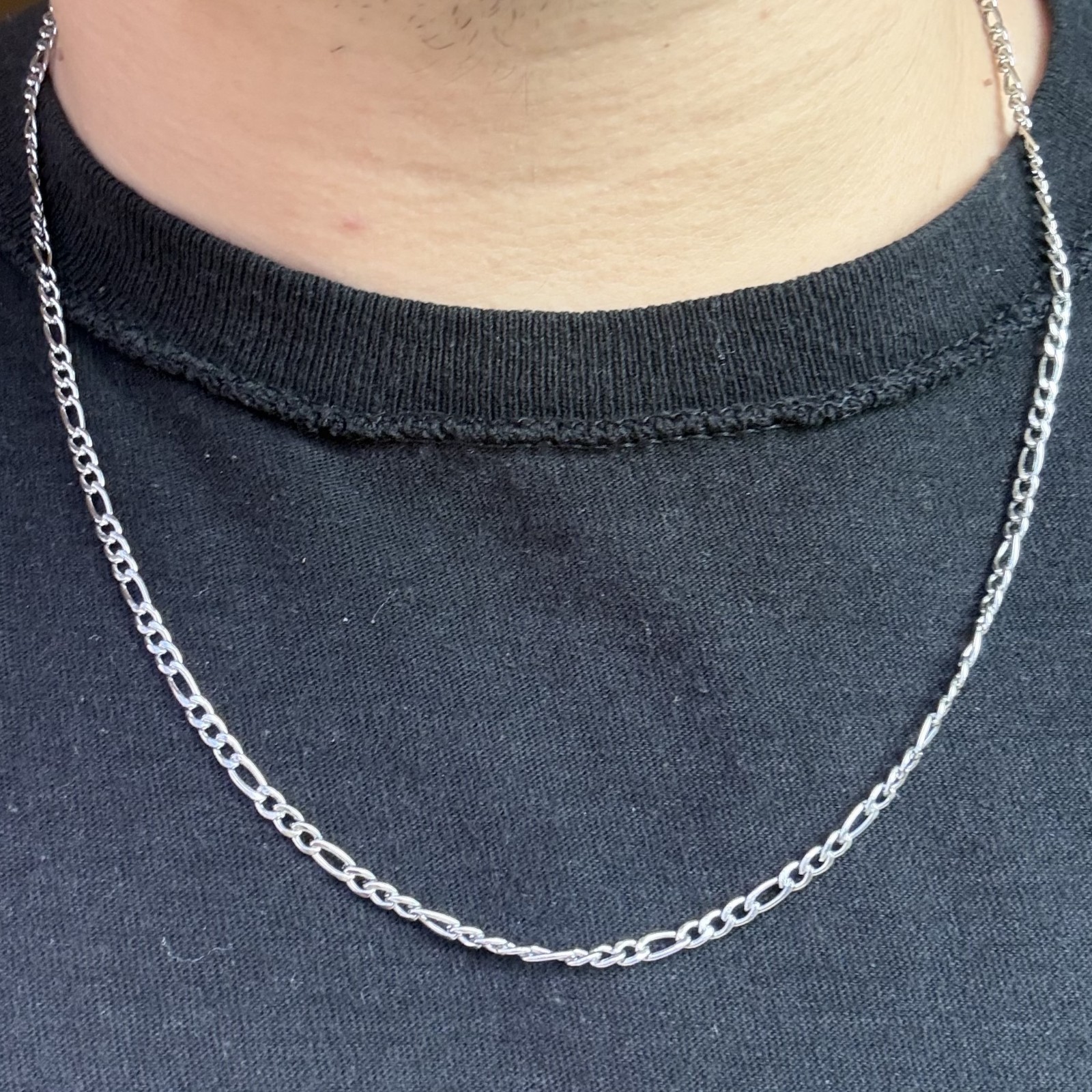 22″ 3mm Figaro Chain Necklace Silver Stainless Steel Micro Minimalist Men Women