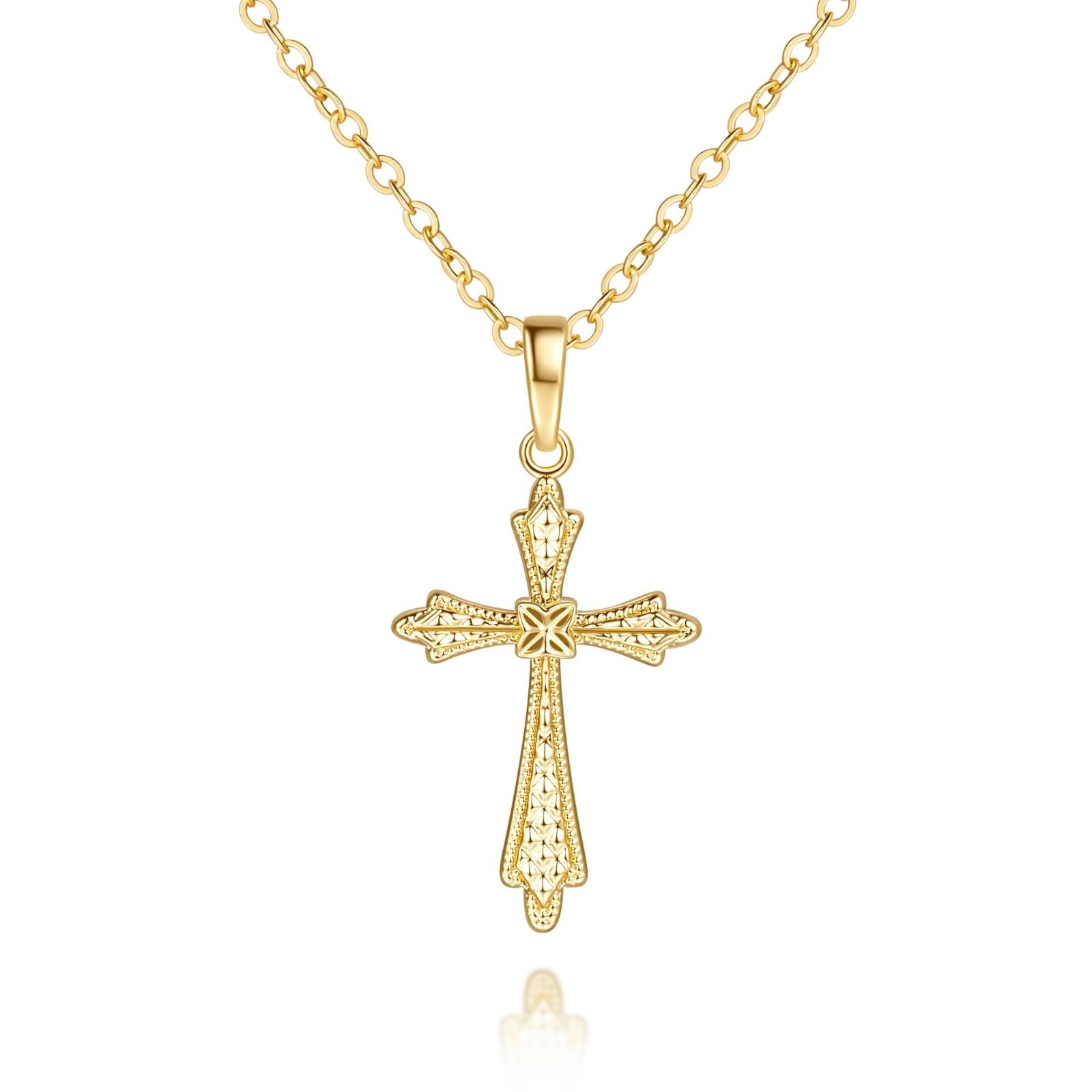 Gold Cross Necklace for Women, 14K Vintage-Inspired Pendant Chain, 26mm Jewelry