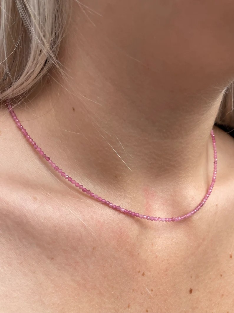 Pink Tourmaline 2mm Crystal Gemstone Beads Minimalist Dainty Choker Necklace
