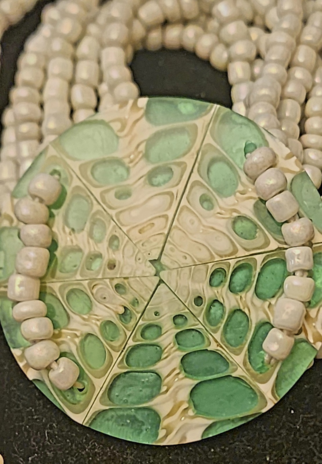 Mosaic Shell Pendant Necklace Plus Matching Stretch Bracelet 18″ 2-3/8″ Disk