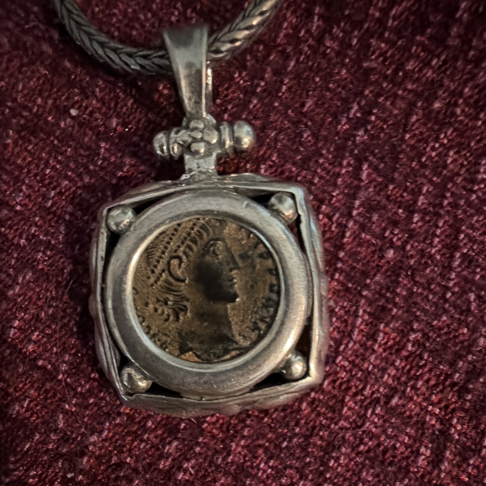 Reversible Signed Silver Coin Pendant Necklace Square Charm Snake Chain