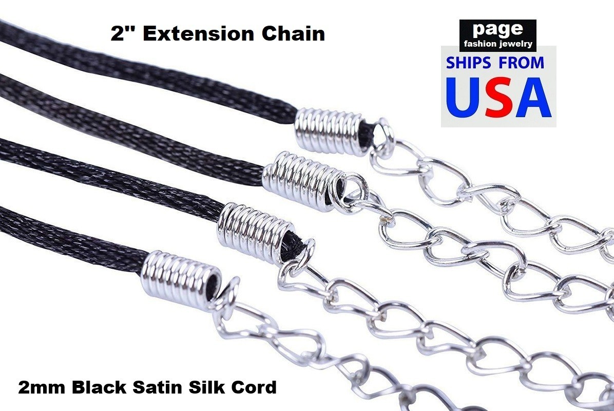 1pc Black Satin Silk Cord Necklace 2mm 18″ 20″ 24″ + 2″ Extension- Lobster Clasp