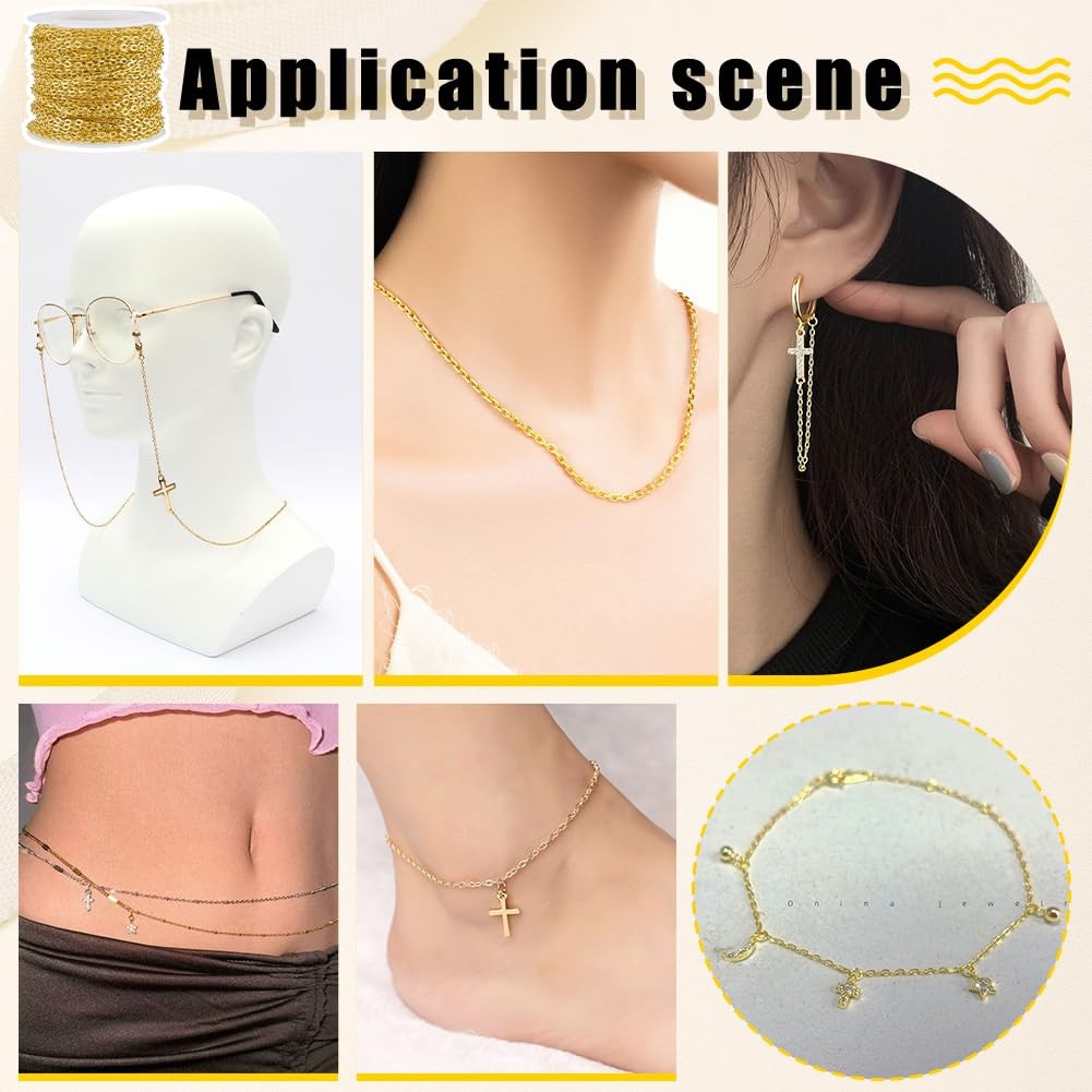 33 ft Necklace Chains 2.2mm Golden Iron Cross Chains Link Flat O-Shaped Cable…