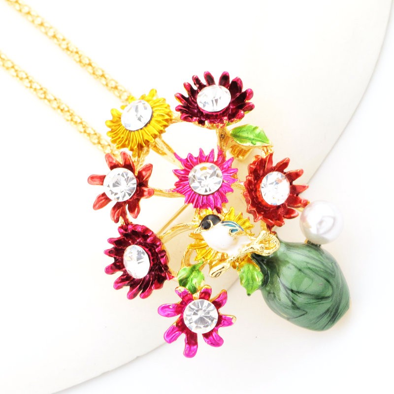 New Fashion Women Colorful Enamel Cute Flower Vase Crystal Pendant Necklace