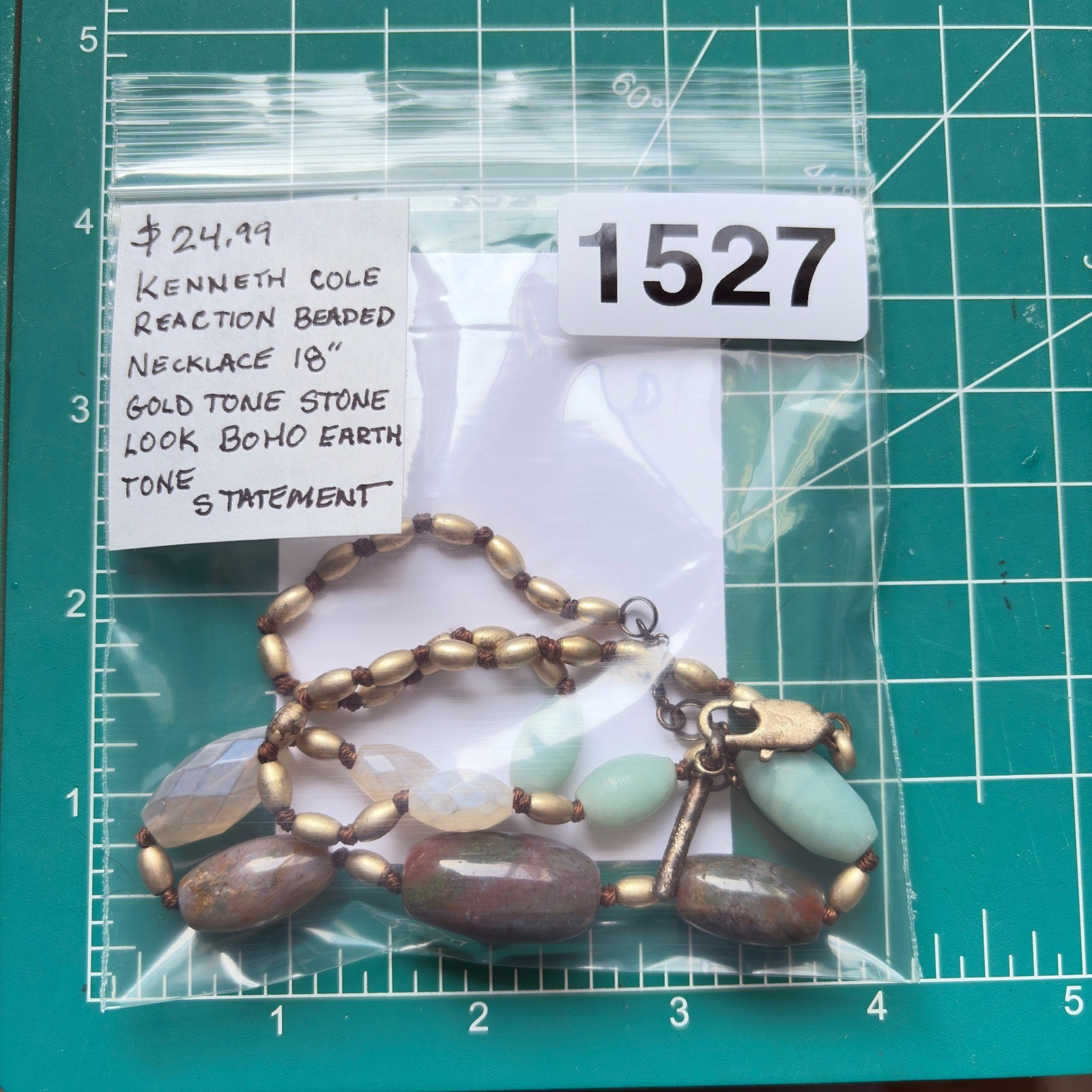Necklace Kenneth Cole Reaction Beaded Gold Tone Earthy Stone Boho 18-20in