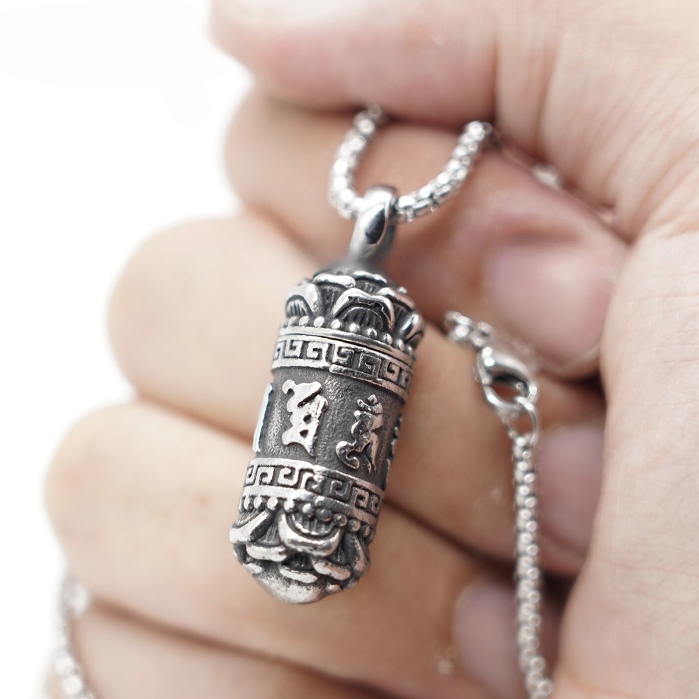 For Tibetan Mantra Buddhist Urn Amulet Pendant Necklace Ashes Stainless Steel