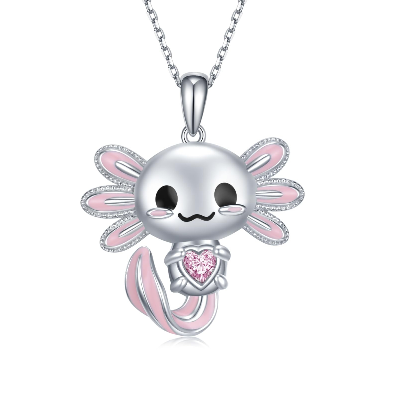 Cute Axolotl Necklace 925 Sterling Silver Pendant with June Birthstone Heart