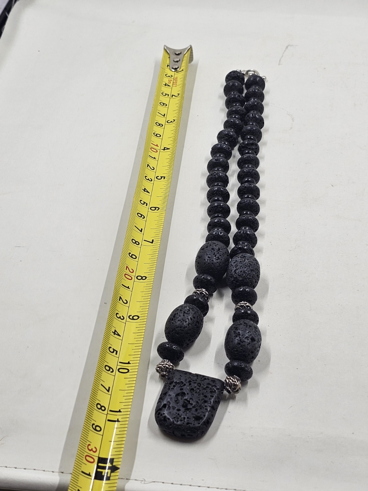 Black Lava Rock Bead Necklace Silver Accent Beads Large Pendant 20″ Statement