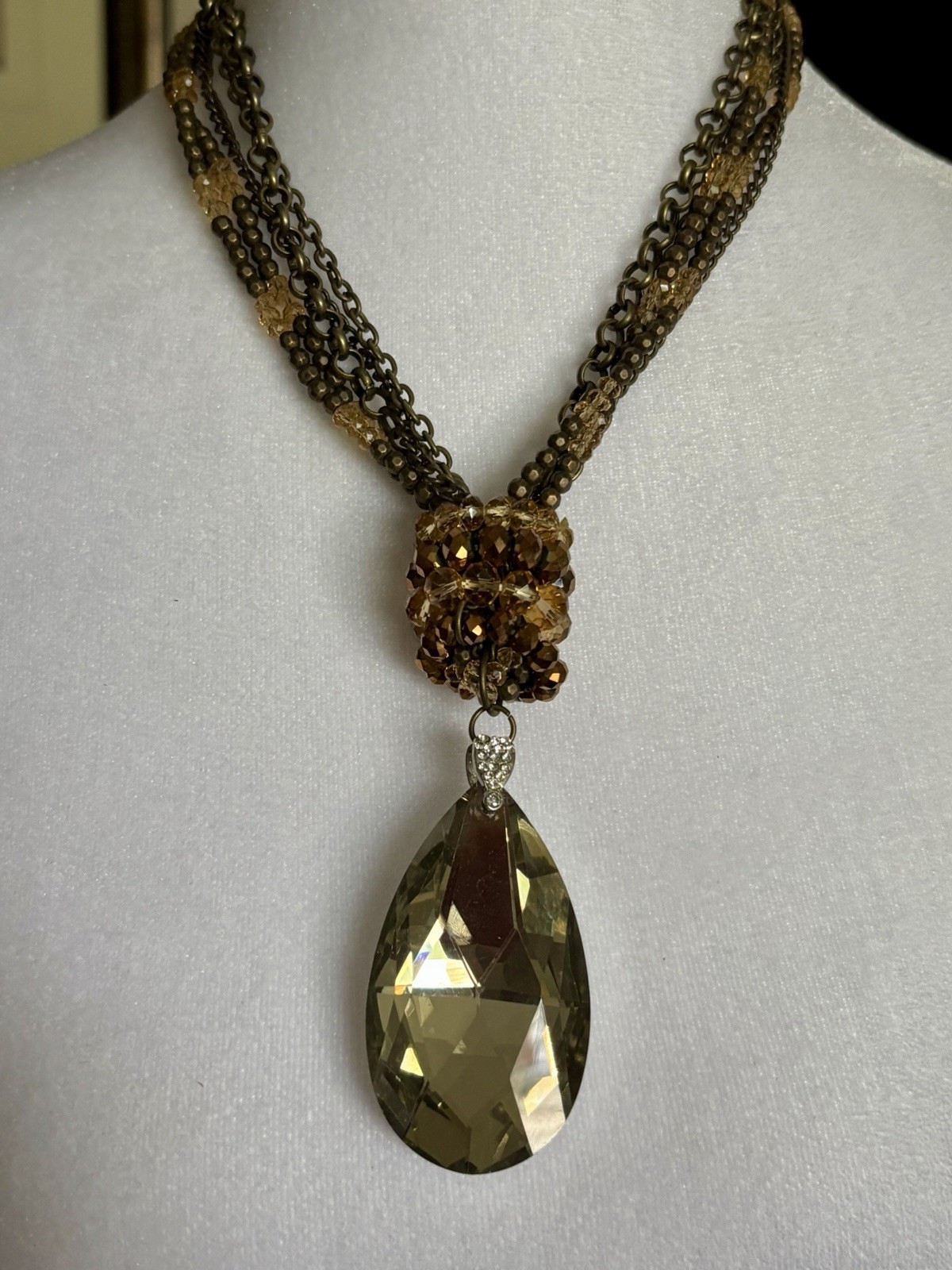 Smoky Crystal Teardrop Pendant Brown Bronze Multi Strand Necklace 18”