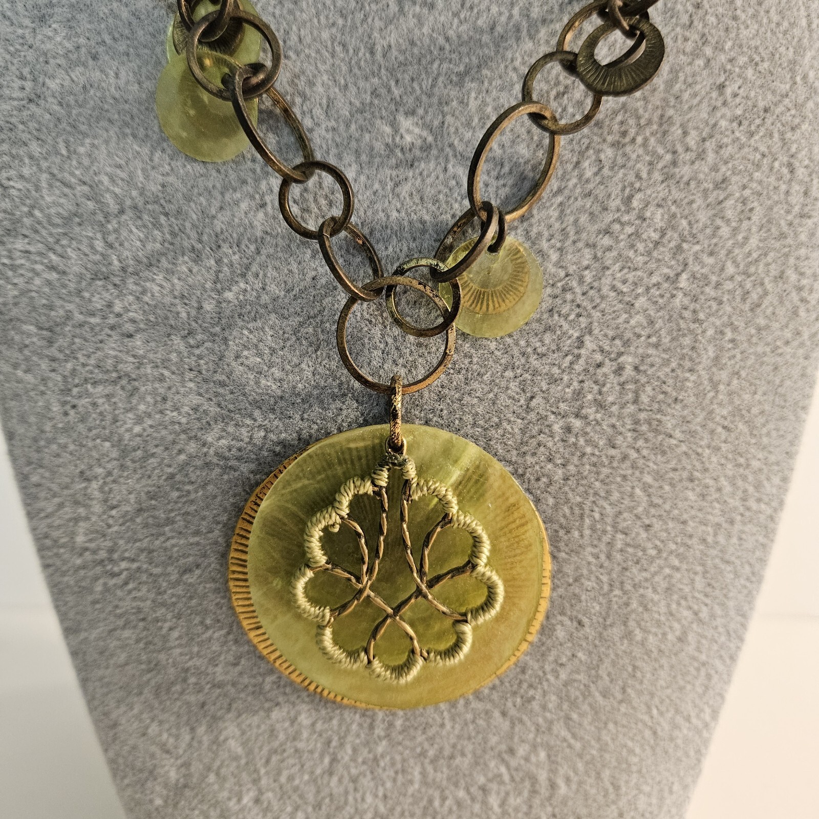 Coldwater Creek 17-19 Inch Green Brown Disc Metal & Cord Adjustable Necklace