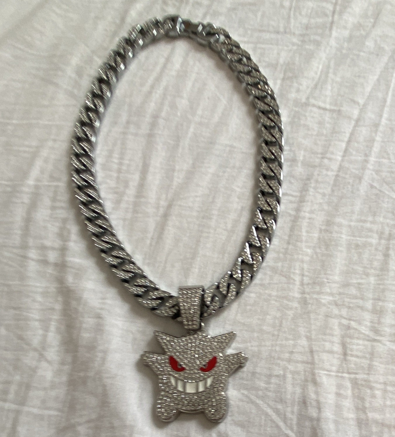 Silver Cuban Link Chain Necklace Gengar Charm Pendant Pavé Rhinestone Box