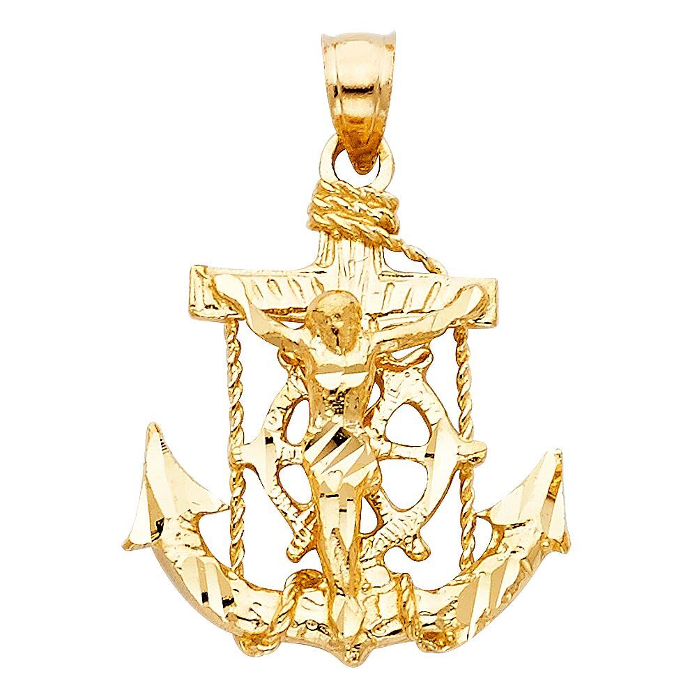 14K Yellow Gold Mariner Crucifix Charm Pendant & 3.1mm Figaro 3+1 Chain Necklace
