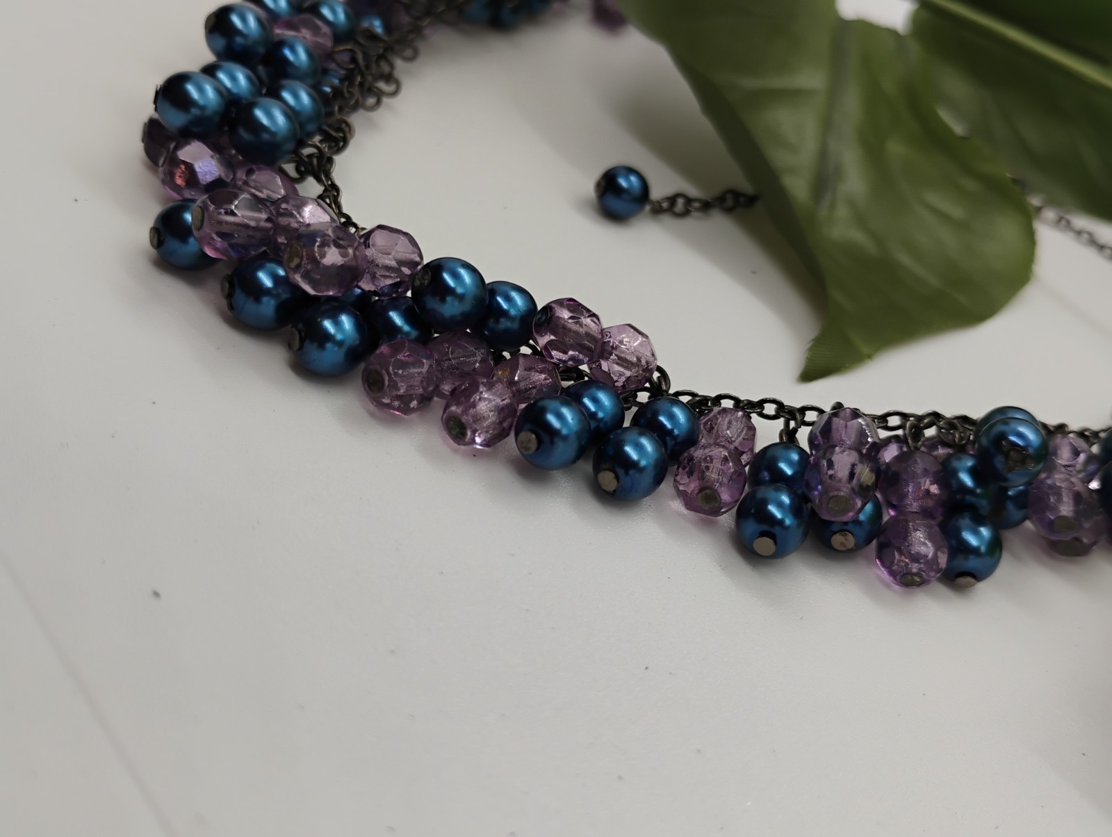 Adj Blue And Purple Beaded Cluster Necklace Collar Choker Statement Multistrand