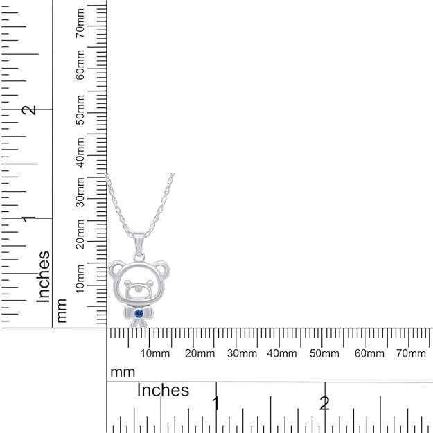 Teddy Bear Pendant 18″ Necklace 925 Sterling Silver Simulated Blue Topaz