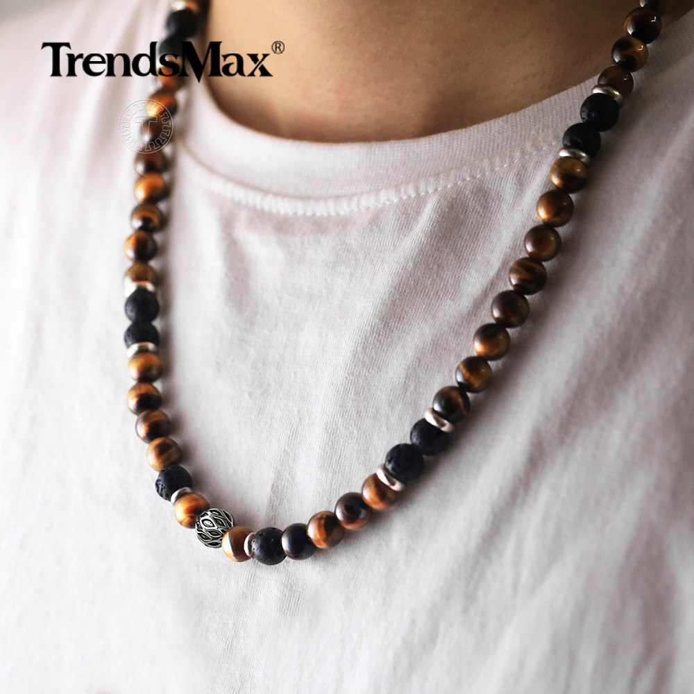 8mm Natural Tiger Eye Lava Bead Necklace Choker Stainless Steel Toggle 18/20/24″