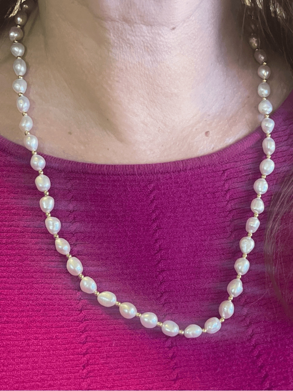 Classic Freshwater Pearl Necklace in White with Gold Beads in-between and Clasp