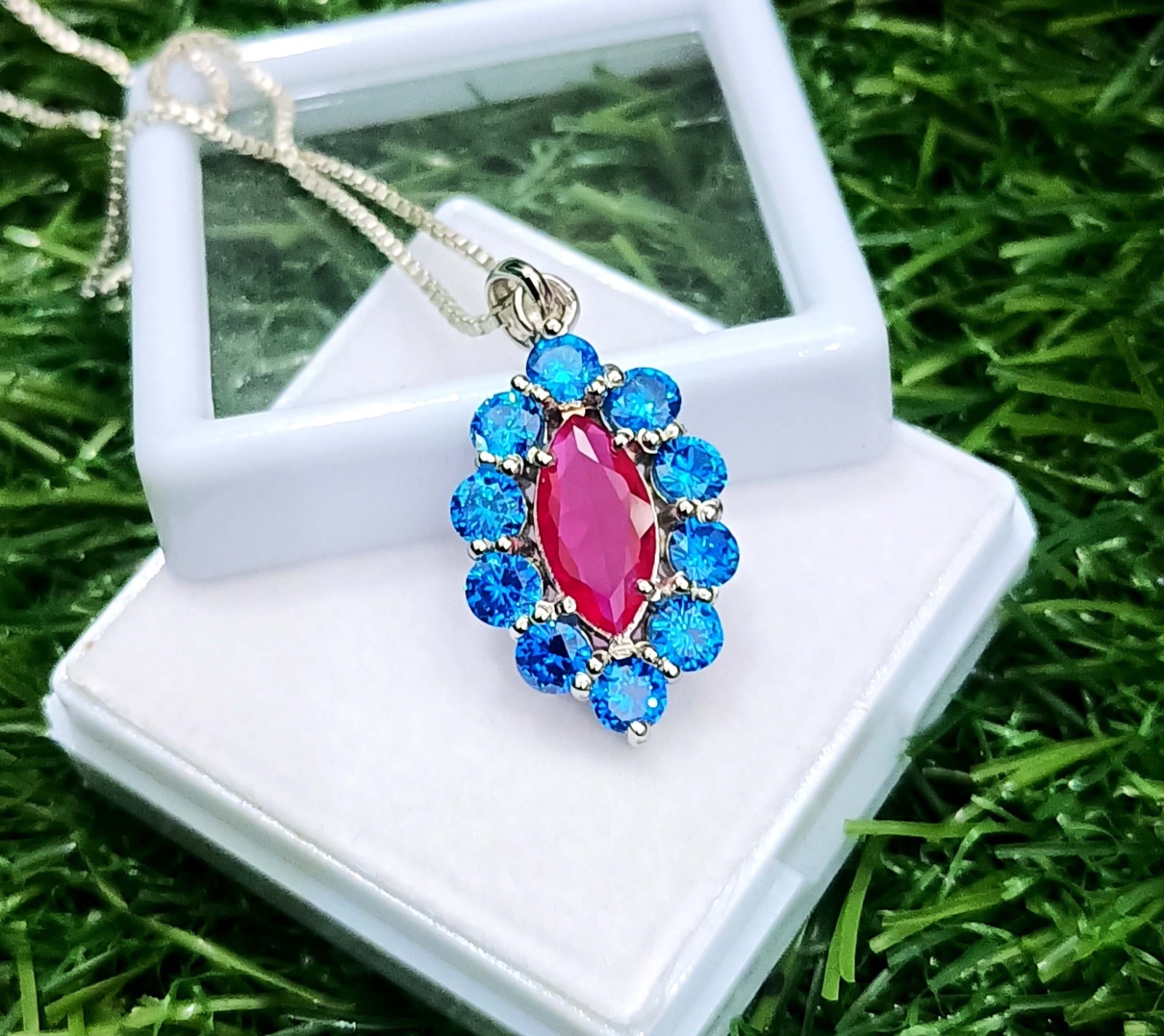 15 Ct Ruby Marquise Cut & Blue Sapphire Pendant 925 Sterling Silver With Chain