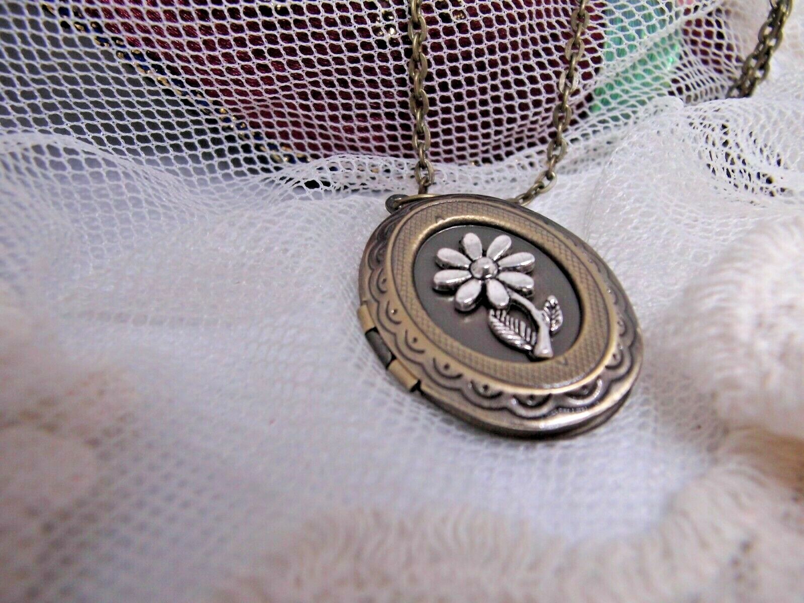 Sunflower Necklace Locket flower pendant ANT GOLD memorial photo memory BRONZE