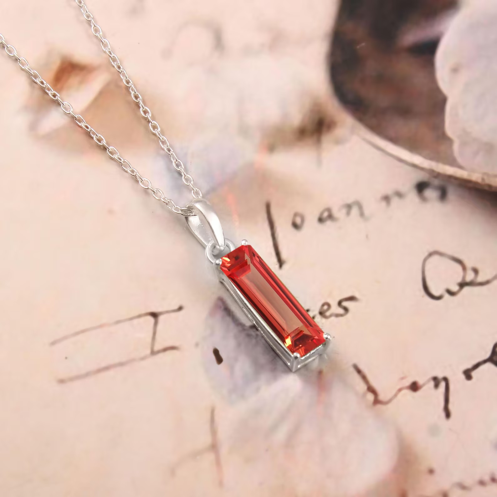 Flawless Ceylon Padparadscha Sapphire Baguette Pendant: Sterling Silver Charm
