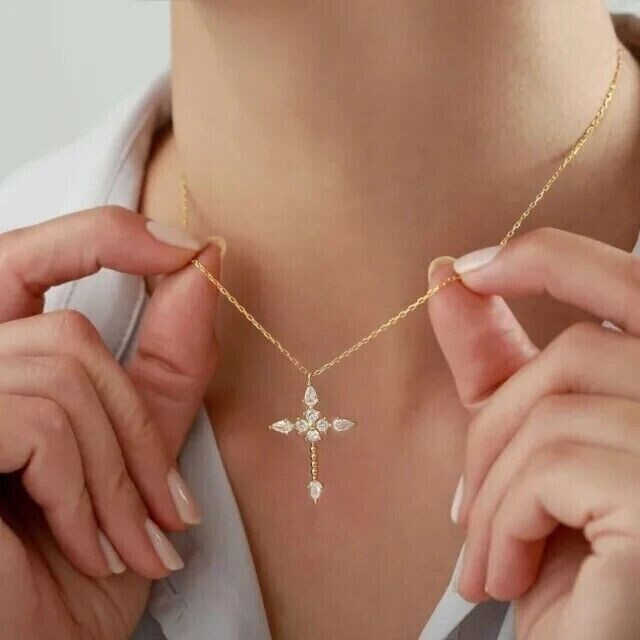 1.80Ct Pear Cut Simulated Diamond Cross Women Pendant 14k Yelllow Gold Plated