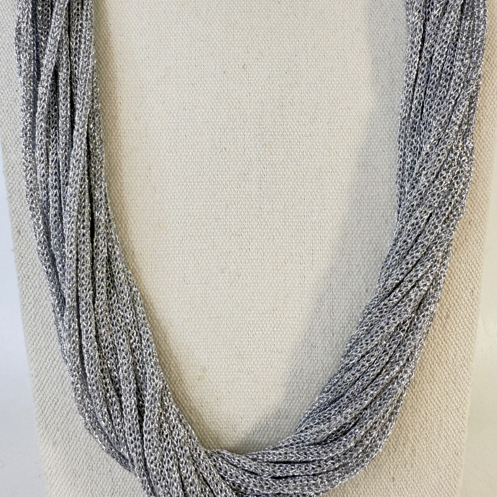 Multi Strand Metallic Cord Twist Necklace Silver Tone Long Length