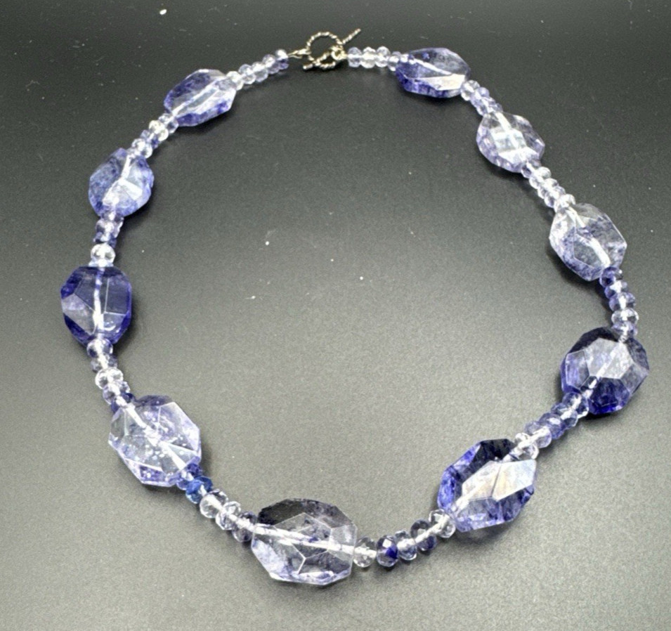 Faceted Oval Clear With Blue Purple Inclusions Glass Bead Necklace 17”