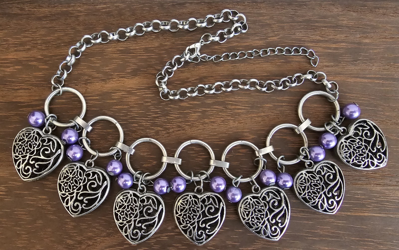 Silver Tone Heart Bib Necklace Lavender Faux Pearls 17″ 20″ Boho Statement