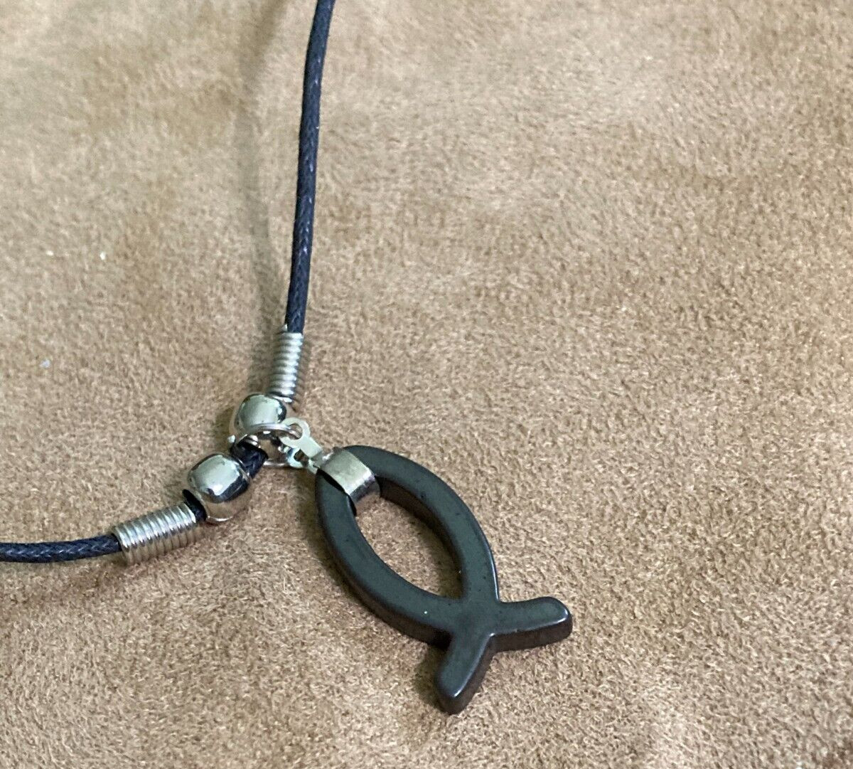 Black Cord With Acrylic Fish Pendant Silver Tone Christian C30-56