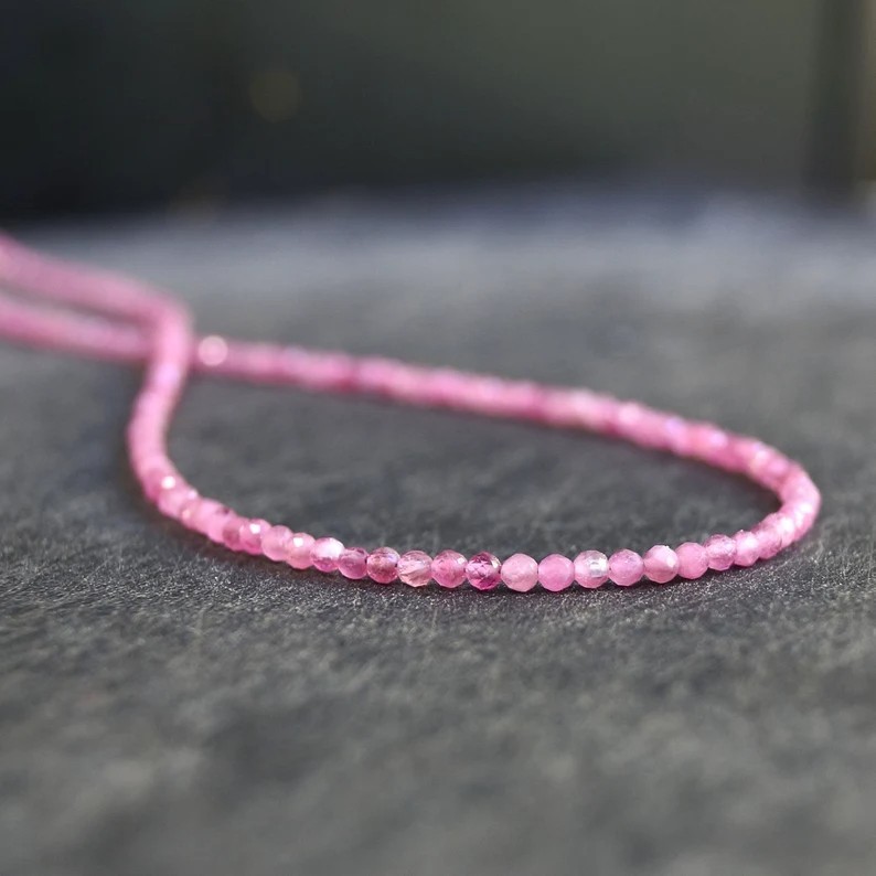 Pink Tourmaline 2mm Crystal Gemstone Beads Minimalist Dainty Choker Necklace