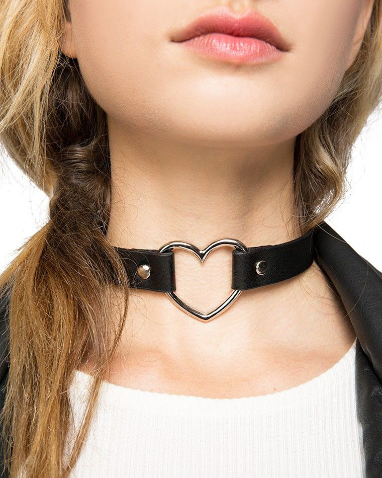 Heart Choker Necklace Faux Leather Collar Black Pink Adjustable Rivet Chocker