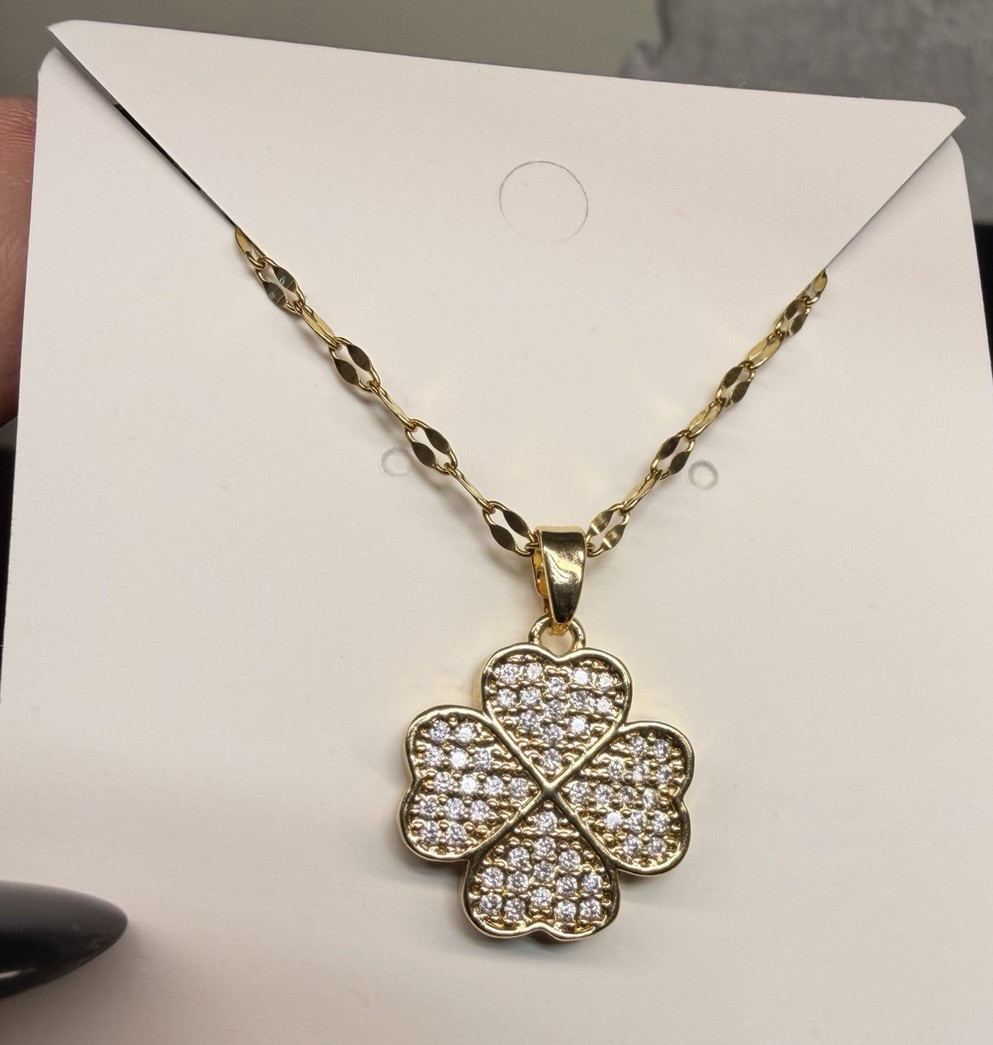 14k Gold Plated Pave Clover Necklace 16-18 inches