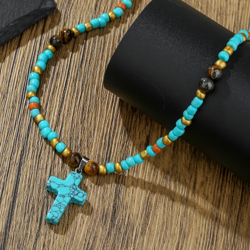 Turquoise Beaded Cross Necklace for Men Handmade Boho Jewelry Adjustable Chain