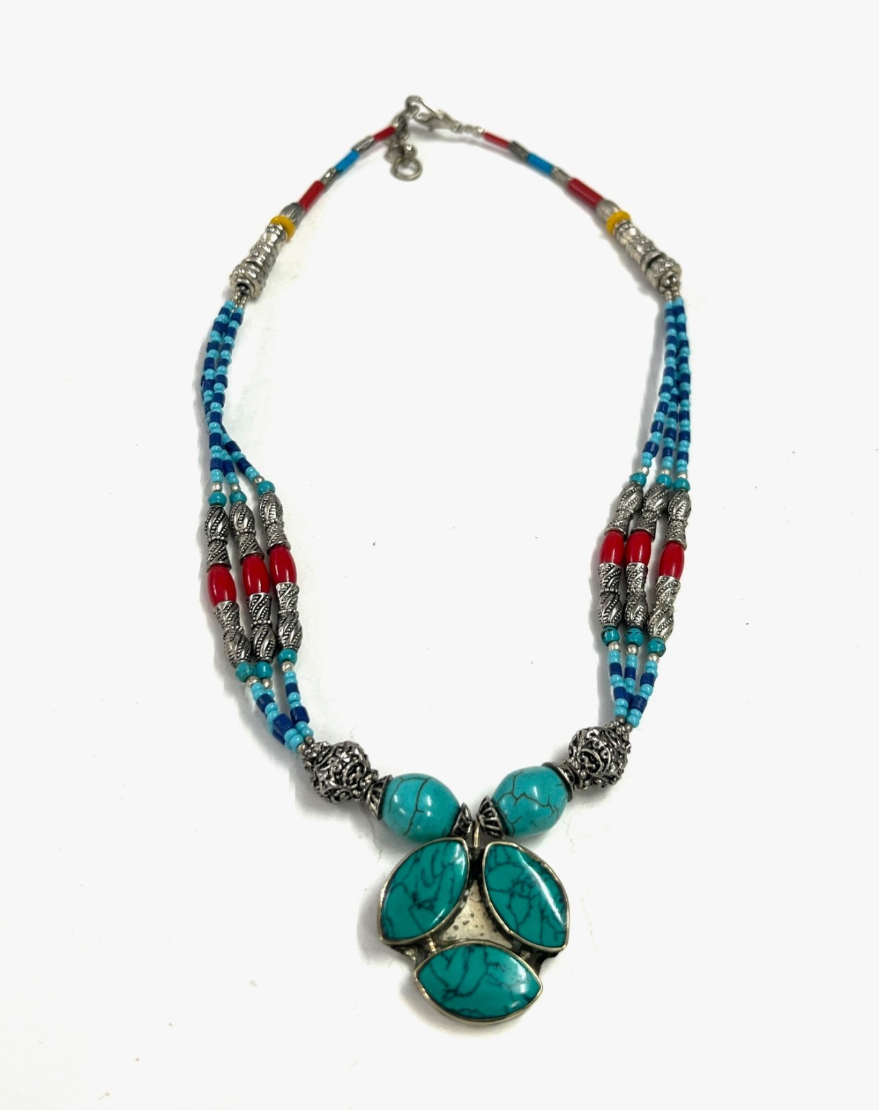 Antique Turquoise Coral Gemstone Tibetan Style Necklace Jewelry, 16 Inch Adjs