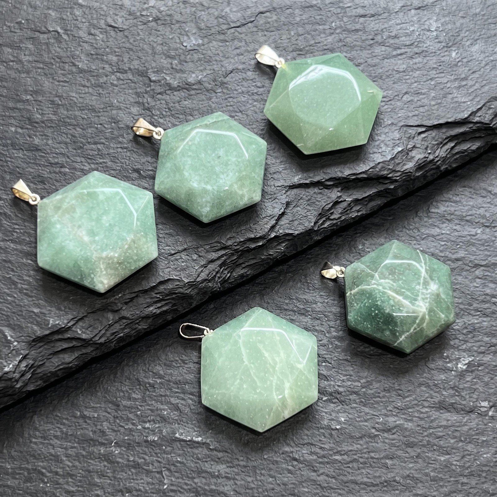 Green Aventurine Hexagon Faceted Crystal Pendant (Silver Bail) Jewelry Beads