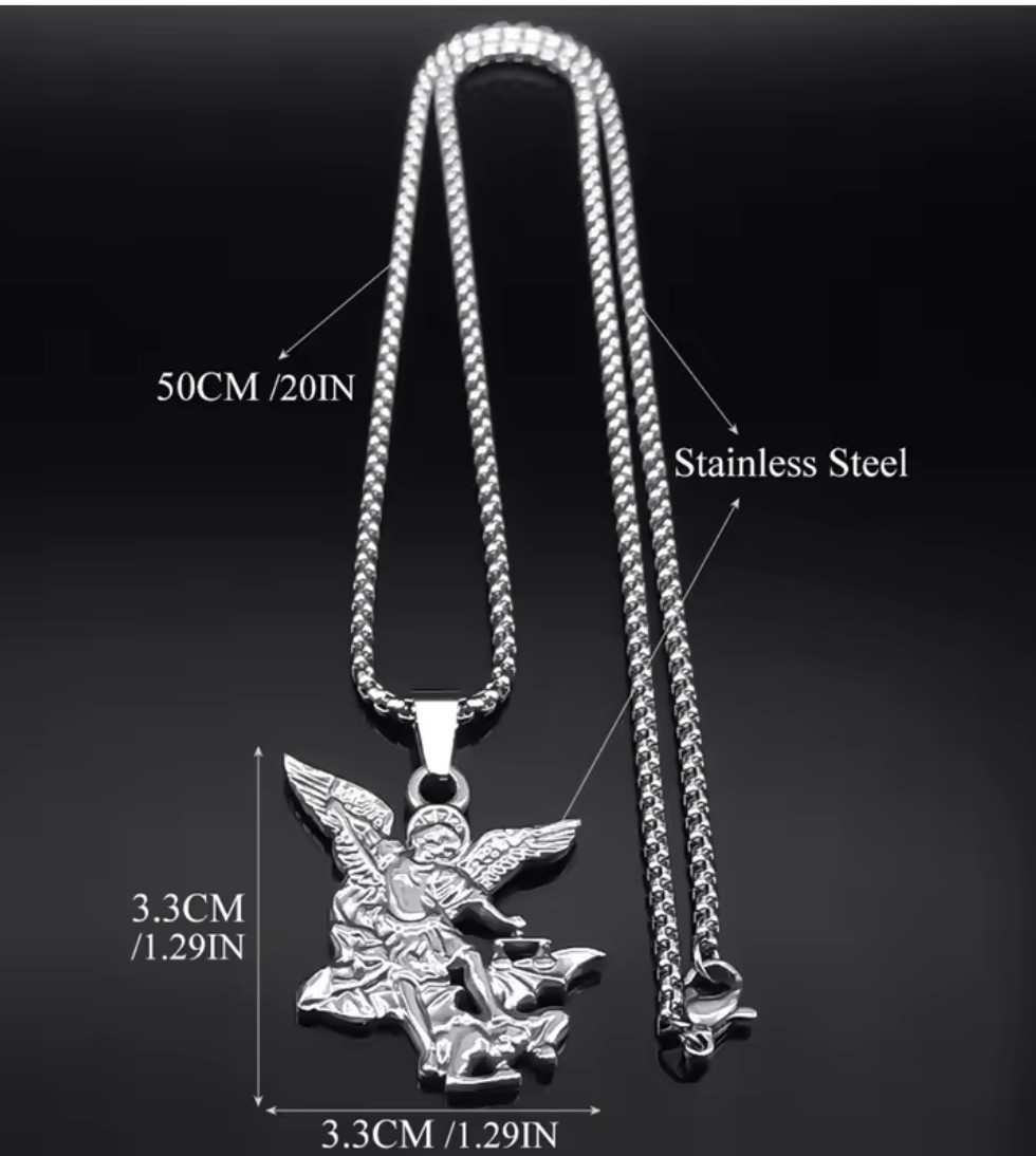 Stainless Steel St. Michael Pendant with 50cm (19.7 in) rounded box chain