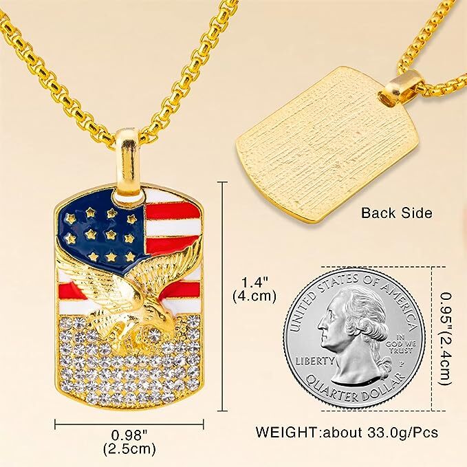 Stainless Steel American Eagle Dog Tag Pendant & 3mm 24″ Rolo Chain Necklace