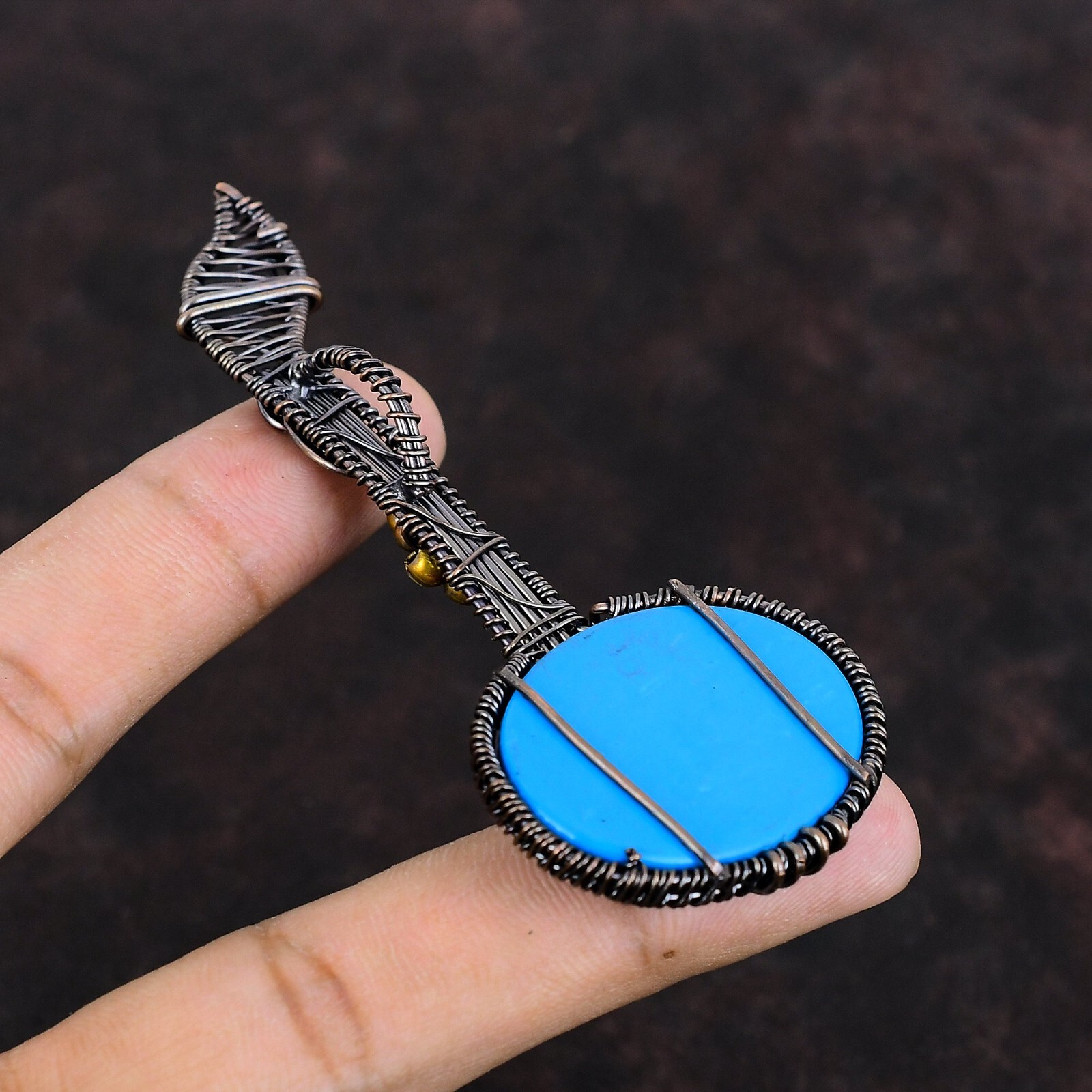 Sleeping Beauty Turquoise Copper Mum Gift Wire Wrapped Guitar Pendant 3.35″