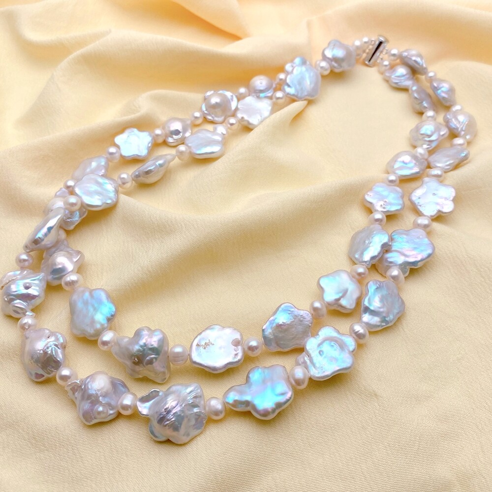 2 Strands Cultured Pearl Necklace Flower Shape Keshi Pearl Necklaces For Women