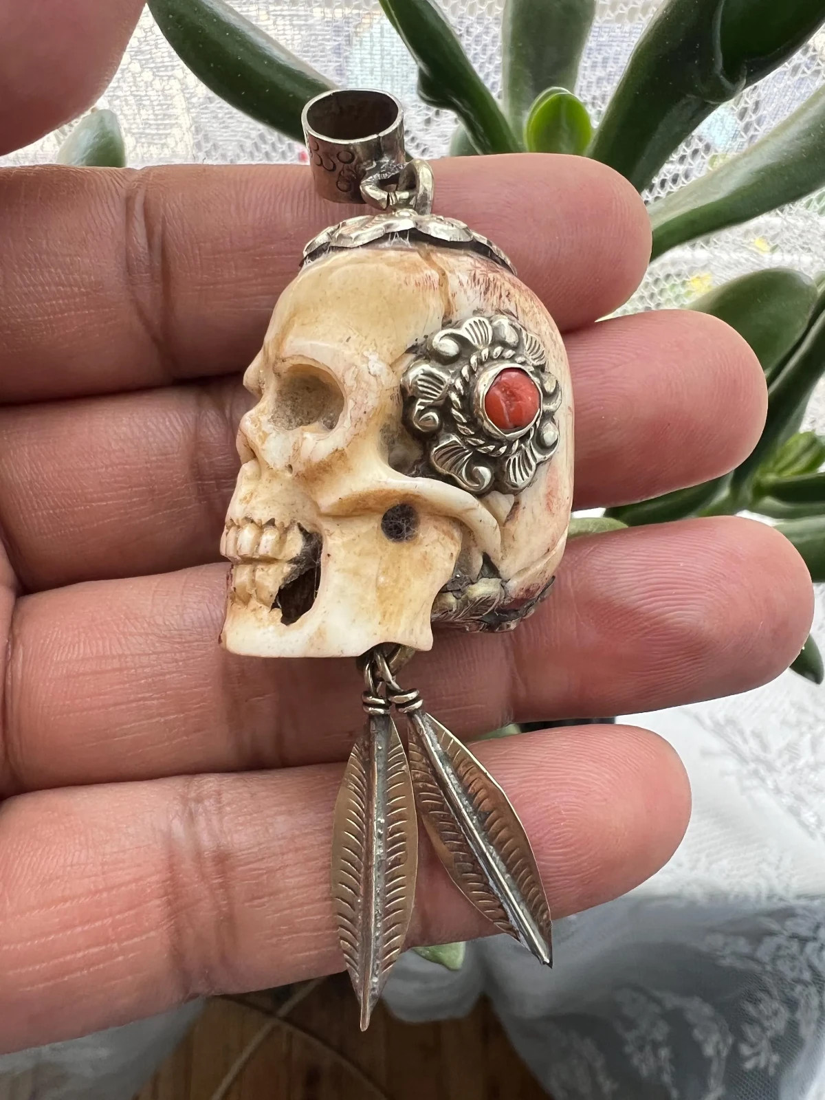 Skull carved set with coral pendant, Tibetan silver, 3×1 inches (B-3)