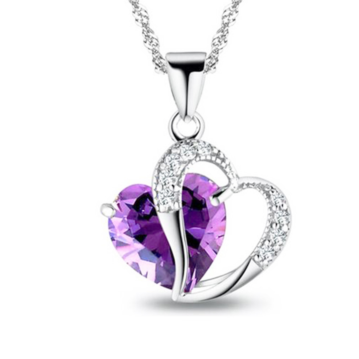 Crystal Heart Necklace 14K White Gold Plated Cubic Zirconia Women Jewelry 18″