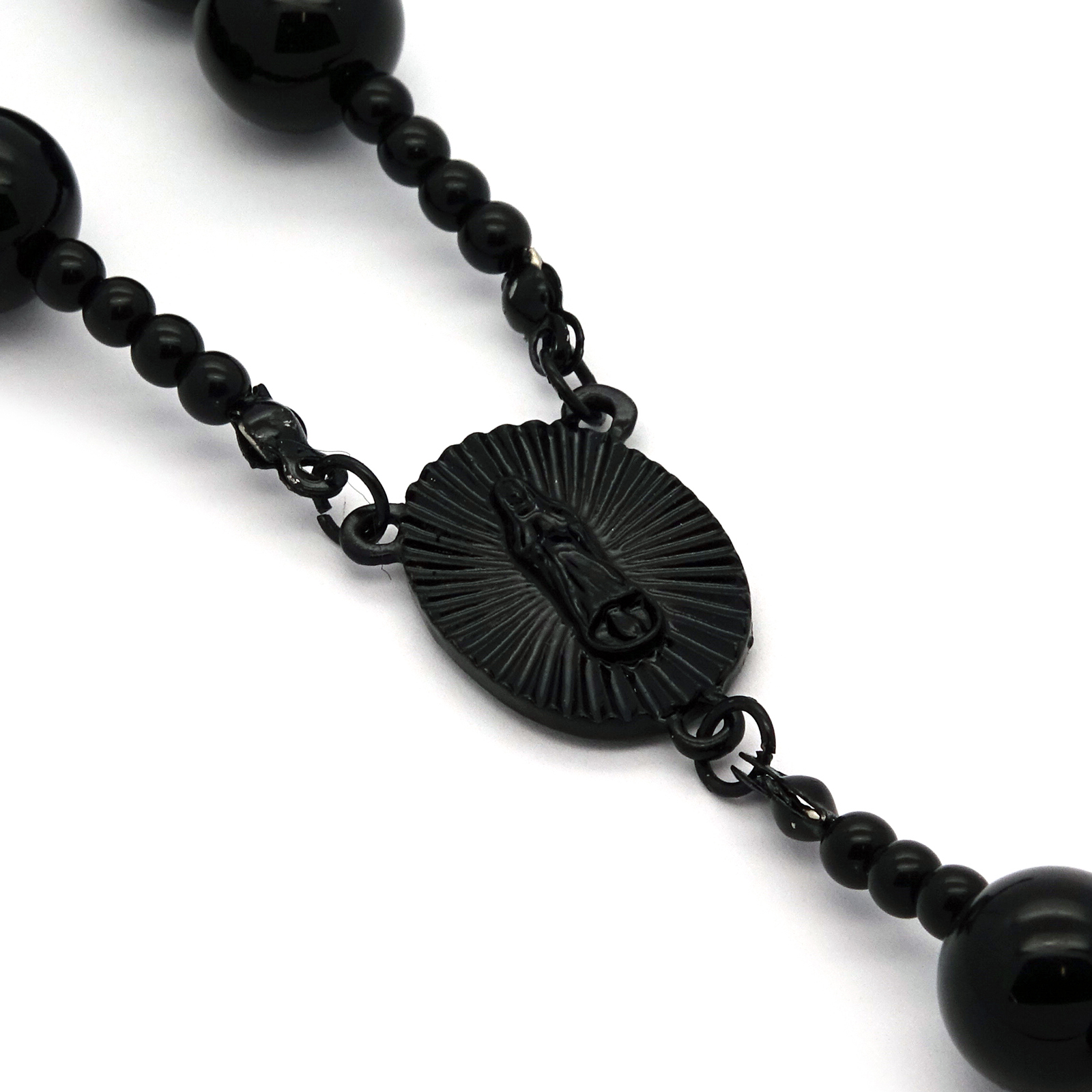 Men’s Hip Hop 15mm BLACK Beads Cubic-Zirconia Guadalupe Rosary & Jesus Cross BK