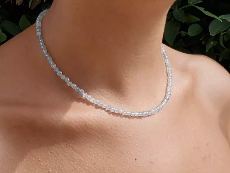 2mm Aquamarine Crystal Gemstone Faceted Beads Dainty Choker Necklace Minimalist