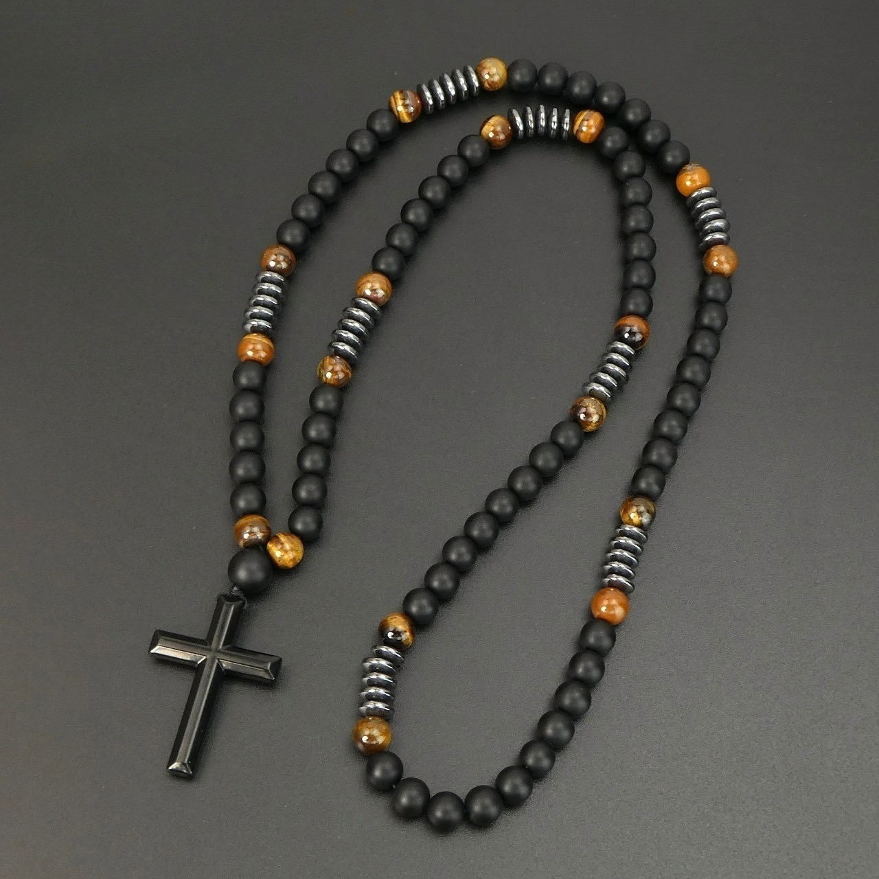 Black Obsidian Tiger Eye Black Alloy Cross Pendant Necklace Men Women Gift New