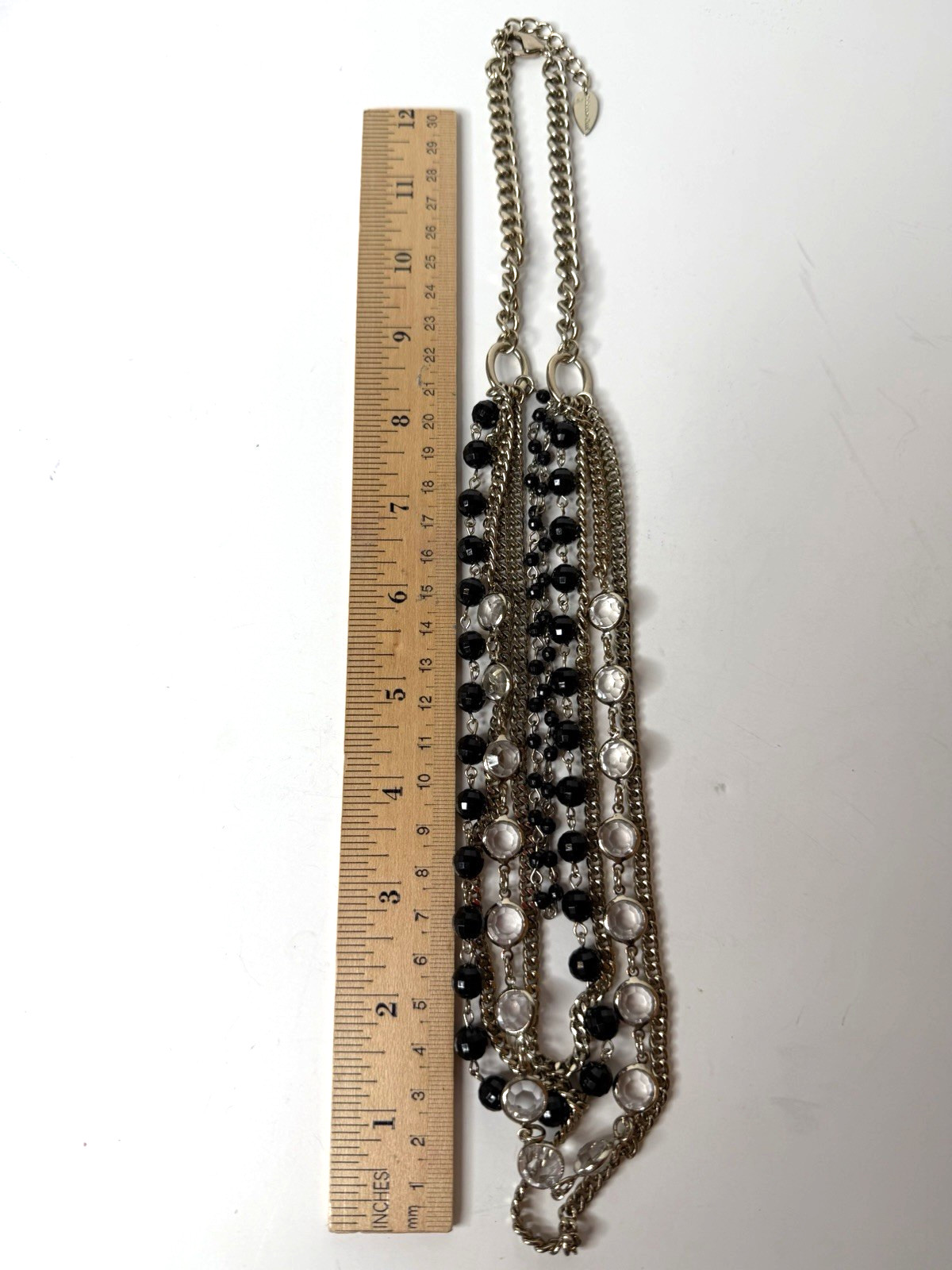 Coldwater Creek Multi Strand Necklace Black Bead Clear Crystal Silver Tone